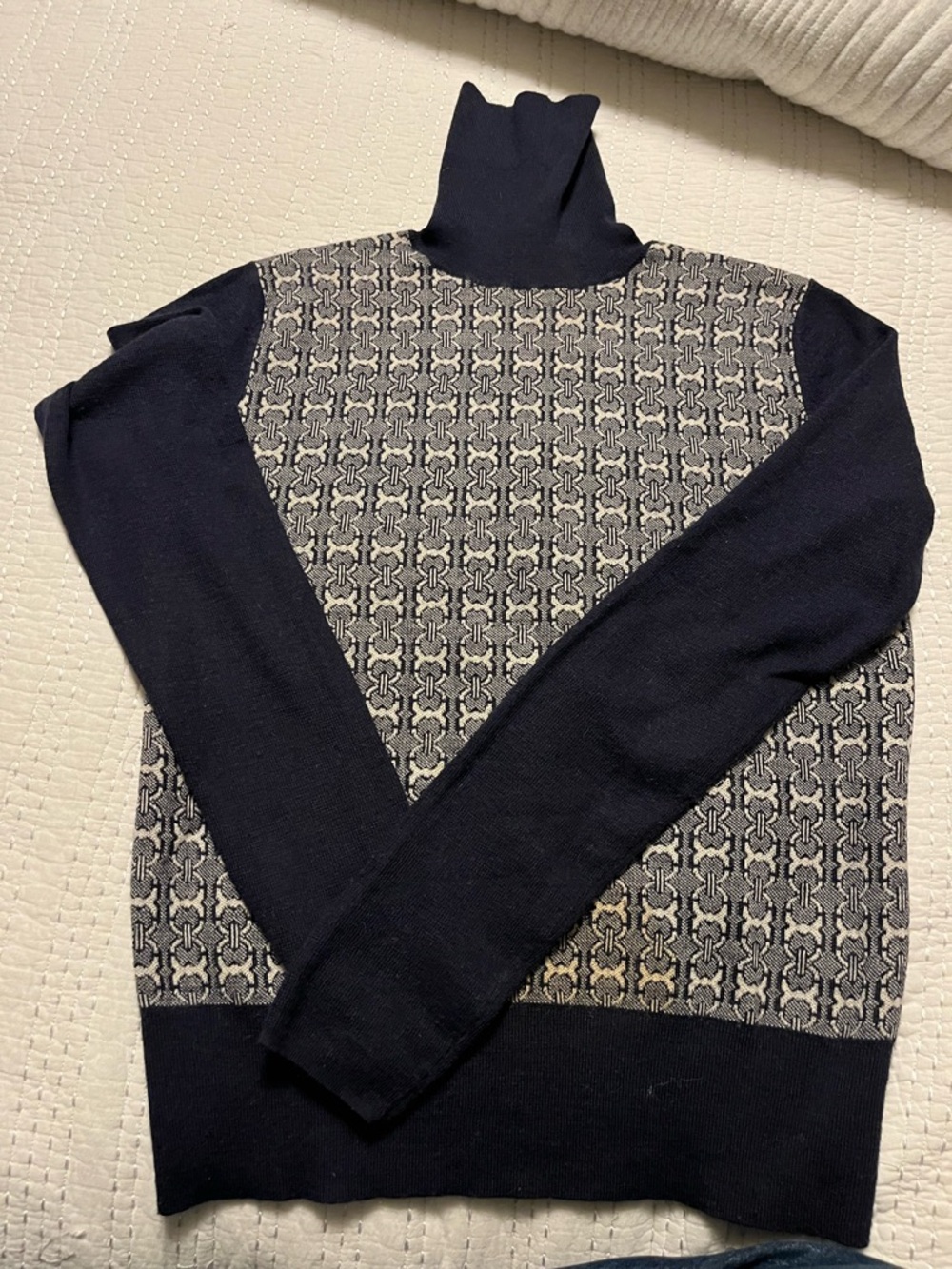 Tory Burch Navy Knit Top with cream Logo Tag size small